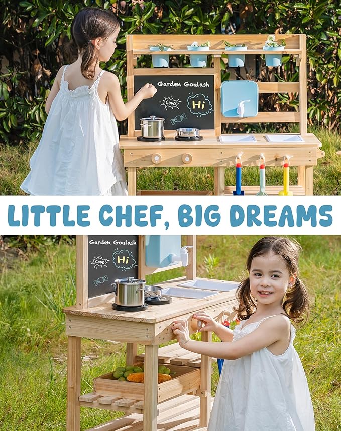 ROBOTIME Mud Kitchen for Kids Outdoor, Wooden Outdoor Play Kitchen with Accessories, Kid Kitchen Playset for Backyard Pretend Cooking or Planting, Toy Kitchen for Imaginative Play Boys Girls Ages 3+