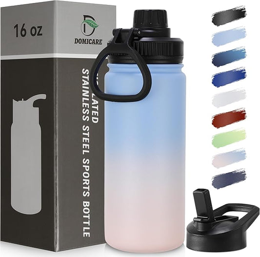 DOMICARE 16 oz Kids Water Bottle for School Stainless Steel Double Wall Vacuum Insulated Water Bottle with Straw lids & Spout Lid, Leakproof BPA Free (Blue/Pink,1)