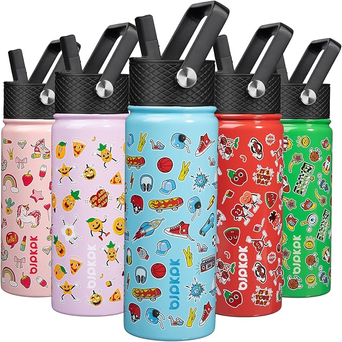 BJPKPK Insulated Water Bottle with Straw Lid, 18 oz Stainless Steel Metal Water Bottles, Reusable Leak Proof BPA Free Water Bottles, Cups, Thermo, Playground