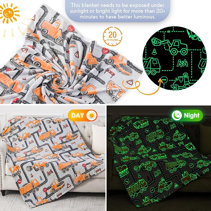 Kids Boys Construction Excavator Gifts Toys - Glow in The Dark Truck Blanket Birthday Christmas Valentine's Easter Gift for Age 1 2 3 4 5 6 7 8 9 10 Years Old Teen Toddlers Car Plush Throw 50"x60"