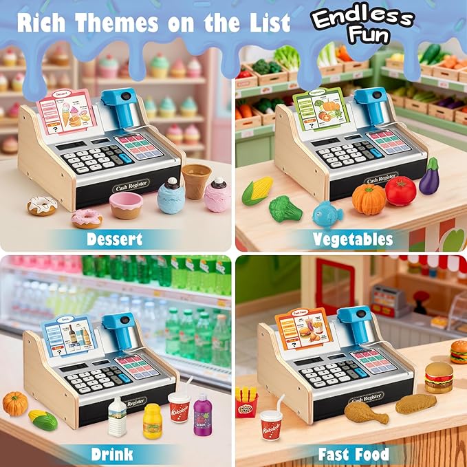 Wooden Cash Register for Kids with Shopping Cart Rechargeable Kid Cash Register with Scanner Gift for Kids Age 3 4 5 6 7 8 9 Year Old Pretend Play for Toddlers Toys for 3-12 Year Old Boys