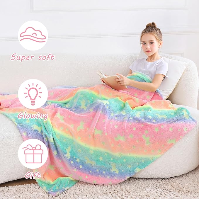 Softan Kids Unicorns Throw Blanket Glow in The Dark, Kids Blanket Gifts for Girls & Boys, Soft Cozy Flannel Luminous Unicorns Blanket for Sofa Couch Bed, Christmas Birthday Gift, 50x60IN