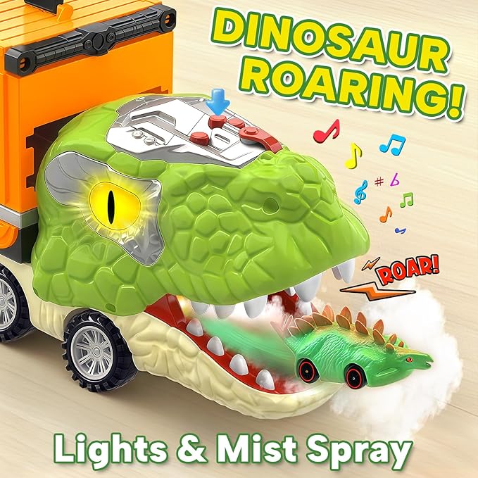 Dinosaur Carrier Truck Race Track Toys for Kids 3-5, Large Toy Cars Track Set with 8 Small Dinosaur Cars, T-Rex Transport Carrier, Christmas Birthday Gifts for 3 4 5 6 7 Year Old Toddler Boys Girls