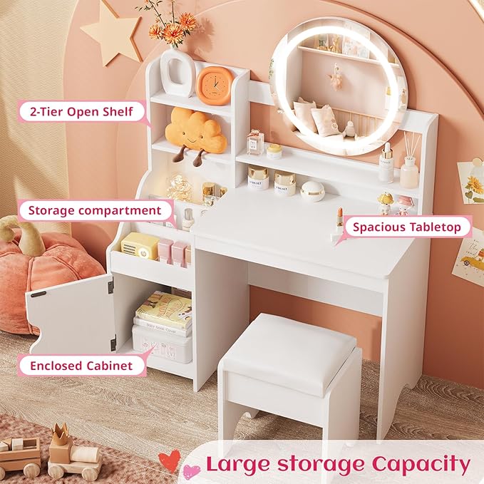 Vabches Kids Vanity with Lights, Princess Makeup Vanity Desk with Open Bookshelf, Storage Cabinet & Shelves, Toddler Vanity Table and Chair Set, Pretend Play Vanity Set for Little Girls, White