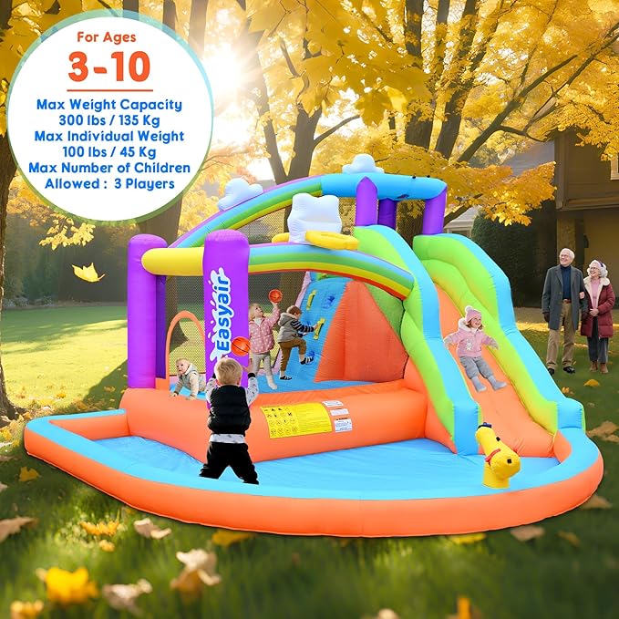 Inflatable Bounce House Water Slide for Kids, Rainbow Cloud Splash Pool, Indoor Or Outdoor Bouncy Castle, Climbing Wall, 2 Basketball Hoops, Included Blower (Orange, 154" L x 144" W x 94" H)