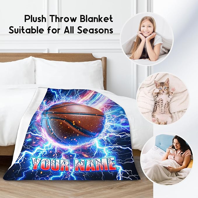Basketball Blanket for Boys Personalized Throw Gifts - Lightning Sport Theme Custom Throws for Couch, Bed (4 Sizes Choose)