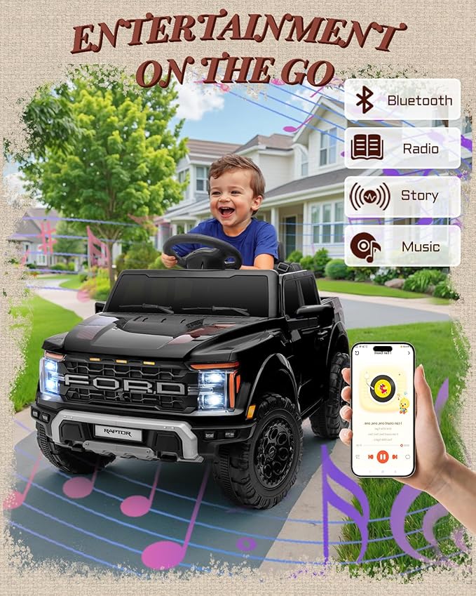 First Ride On 12V Licensed Ford F-150 Raptor Kids Ride on Toy, Ride on Truck with Parent Remote Control, Electric Car for Kids with Truck Bed Storage, 3 Point Safety Belt, LED Lights (Black)