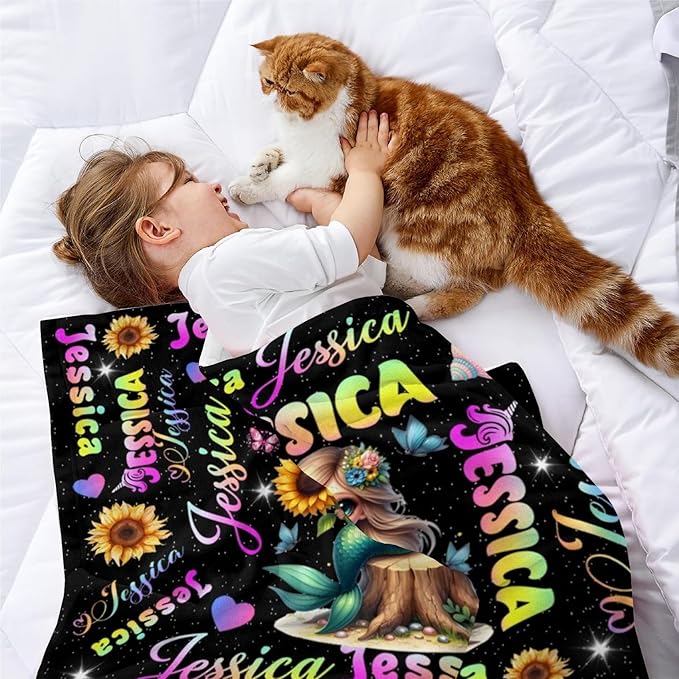 Custom Girl Blanket with Name Personalized Cute Mermaid Blanket for Newborn Customized Soft Flannel Throw Blanket Memorial Gift for Toddler on Birthday Baby Shower Christmas