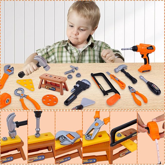 Kids Tool Set,MAGIC4U 50PCS Toddler Tool Set with Electronic Toy Drill,Tape Measure 12 Tool Equipements,Pretend Play Construction Coustume with Safety Vest Hat,Toy Tool Box for Kids Boy Girl Age 3-8