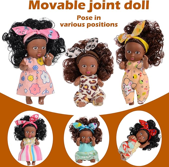 Adorable 6 Pack African Girl Dolls - Posable 4-Inch African American Dolls with Curly Hair & Stylish Outfits