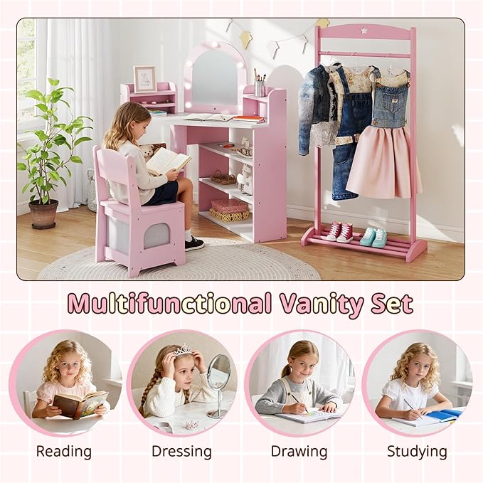 Costzon Kids Vanity with Lights, Corner Vanity Desk with Mirror, Storage Shelves, Wooden Princess Toddler Makeup Dressing Table, Kids Vanity Table and Chair Set for Little Girls (Pink)