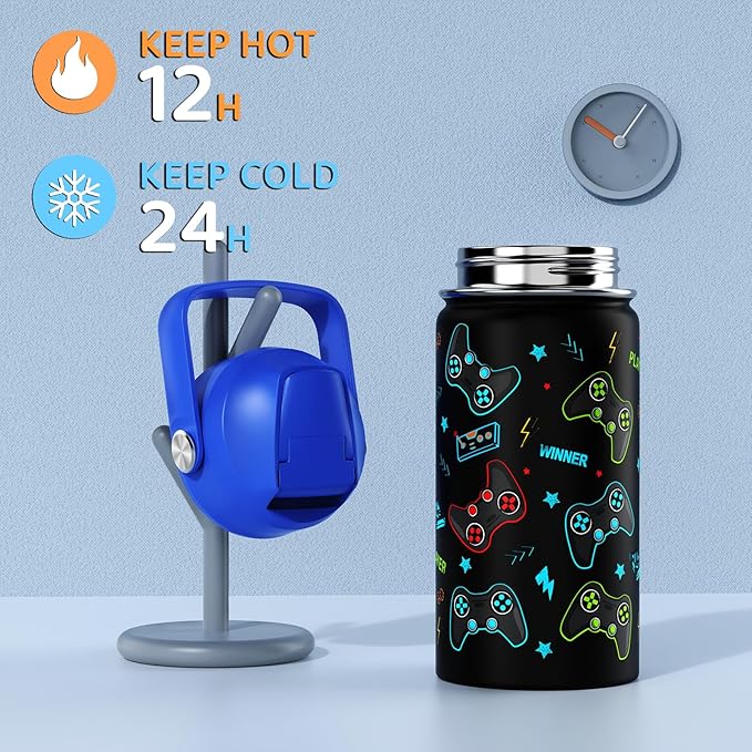 14oz Kids Insulated Water Bottle with Straw Lid - 18/8 Stainless Steel Kid Cup Travel Tumbler Double Wall Vacuum Leak Proof Portable Toddler Water Bottle (Game Blue+Red）