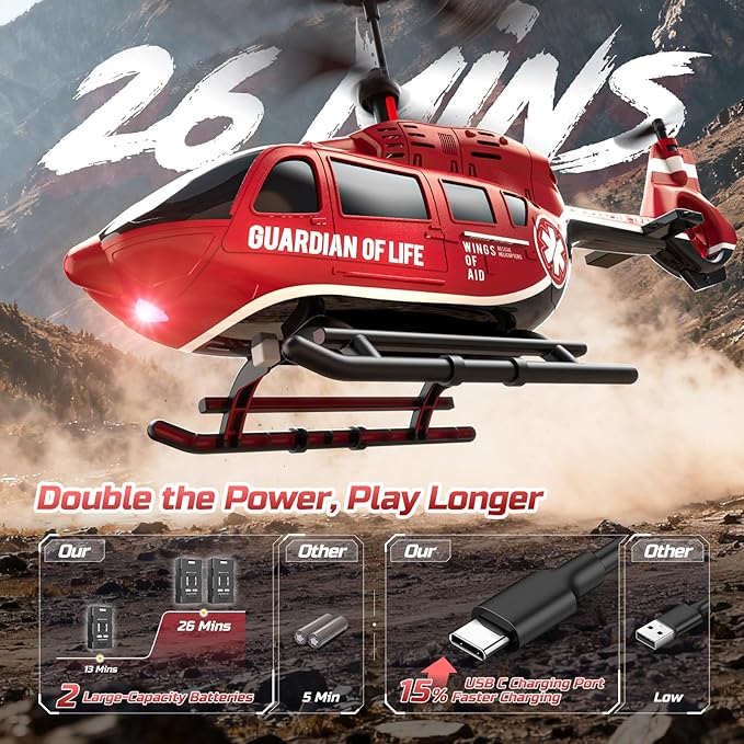 DEERC Remote Control Helicopter, Rescue RC Helicopter Toy with LED Lights, 2 Batteries, Altitude Hold & 2.4GHz Stable Control, Realistic Rescue Design, Ideal Gift for Kids and Adults