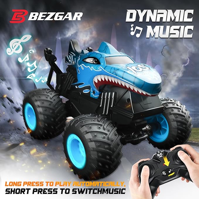 BEZGAR Monster Truck Toys - Remote Control Monster Truck with Light & Music, Dinosaur Toys for Kids, 1:20 Scale RC Truck with 360° Spins and Drifting, Remote Control Car for Boys (Blue)