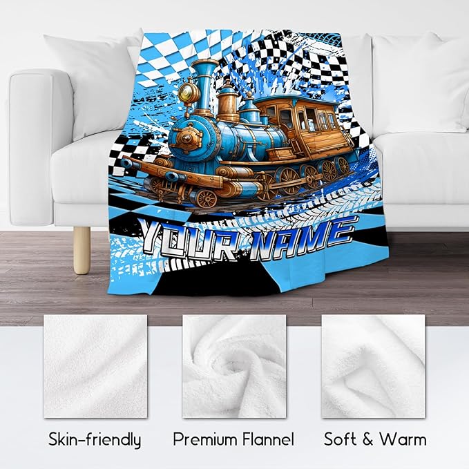 Kids Blanket, Train Blanket for Boys, Personalized Name Gifts for Child, Custom Cozy Flannel Car Throw for Bedroom & Living Room, 60"x80"