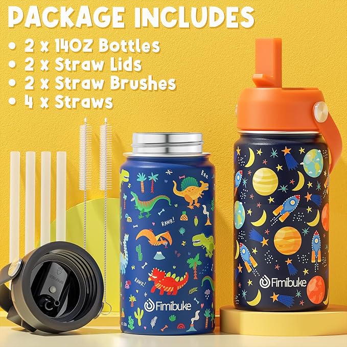 Fimibuke Kids Insulated Water Bottle, 14oz BPA FREE Double Wall Vacuum Tumbler 18/8 Stainless Steel Leak Proof Kids Cups with Straw Metal Bottles for School Boys Girls (2 Pack, Trucks/Green Dinosaur)
