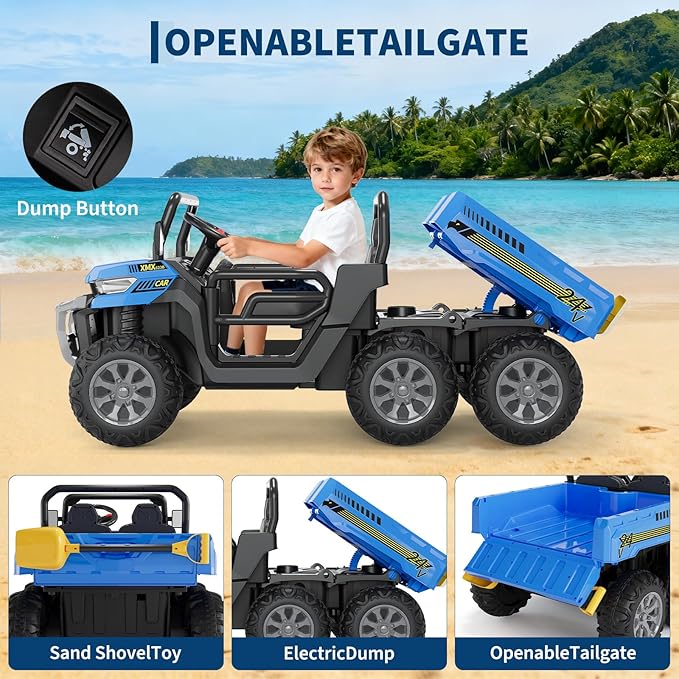 24V 2 Seater Ride On Dump Truck for Big Kids - Electric Ride On Car with Auto-Lifting Bed, 4x75W Motors, Parent Remote Control & 6 Wheels - 110 LBS Capacity, 5 MPH Kids Truck Toy (Blue)