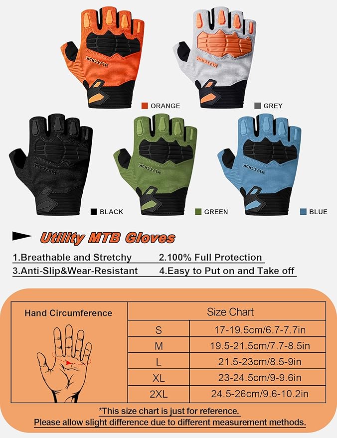 KUTOOK Mountain Bike Gloves for Mmen Fingerless with Wrist Guard Anti-Slip for Dirtbike Riding Fitness Training Outdoor Sports