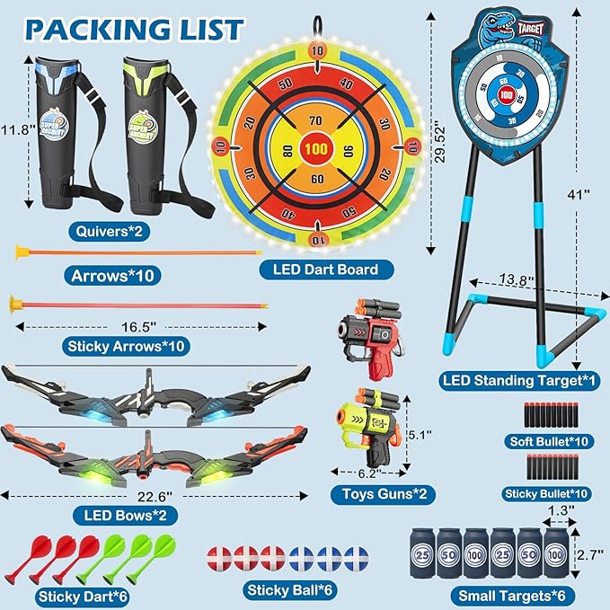 LED Standing Target Archery Set with Bow & Arrows & LED Dart Board for Kids 4-12 Years Old, Outdoor Sports Toy Gift for Boys & Girls