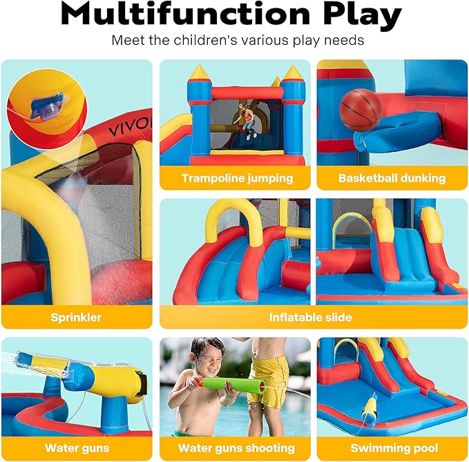 VIVOHOME 6 in 1 Bounce House for Kids, Big Swimming Pool Bouncy Castle with Slide, 15x14 FT Inflated Bouncer for Outdoor with Blower, Basketball, Climb, Srinkler, Water Pool, Water Gun