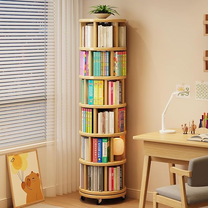 6 Tier Rotating Bookshelf 360° Solid Wood Spinning Book Shelf Tower on Wheels Rolling Revolving Bookcase for Small Spaces, Corner, Bedroom, Kids Room, Office