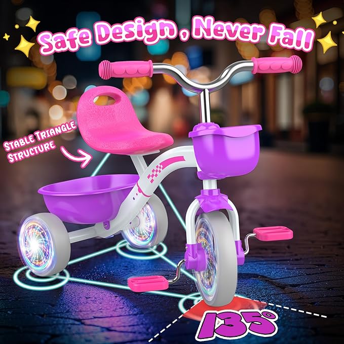 Toddler Tricycle for 1-3 3-4 Year Olds, Toddler Toys Baby Bike, Toys for Ages 2-4, 3-Level Adjustable Seat, 3 Colorful Lighting Wheels, 2 3 4 Year Old Girl Birthday Gifts
