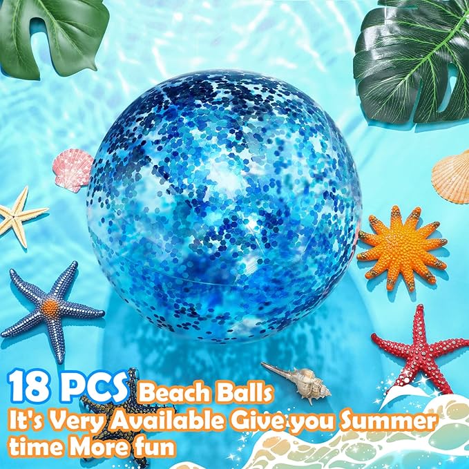 Chivao 18 Pcs Sequins Beach Ball 24 Inch 16 Inch Clear Inflatable Glitter Summer Swimming Pool Balls Wedding Outdoor Floatable Decor Confetti Decor for Beach Party(Blue)