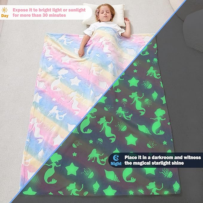 Softan Kids Throw Blanket Glow in The Dark, Soft Cozy Flannel Luminous Blanket for Sofa Couch Bed, Christmas Birthday Gift for Kids, Jellyfish 50x60IN