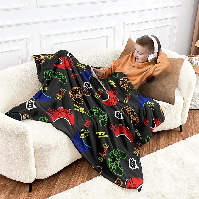 Wajade Game Blanket for Boys and Girls Video Game Controller Enjoy This Game Blanket for Kids Teens Soft Warm Fuzzy Game Blanket for Couch Sofa Bed 50"x60"