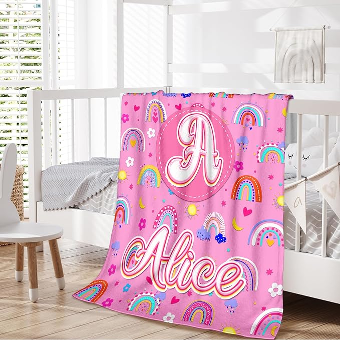 Kids Girls Blankets Gift, Personalized Blanket with Initial Monogram Name for Kids Toddlers Girls Age 6-8, Rainbow Print Soft Cozy Flannel Throw for Sofa Bed Couch Decor