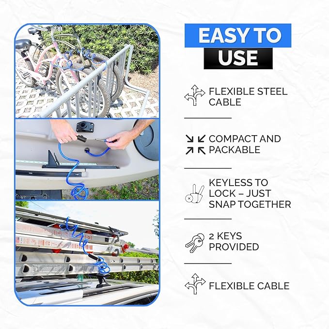 Coiled Security Cable with Key Lock (5’, 10’, 15’, 20’ or 25’ Lengths), Weatherproof Multi-Purpose Anti-Theft Protection for Kayaks, Bikes, Paddleboards, Scooters, Equipment and More 10ft