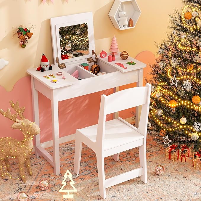 Costzon Kids Vanity, 2 in 1 Girls Vanity Set with Flip Top Mirror, Hidden Storage Space, Wooden Toddler Makeup Vanity Desk Dressing Table, Kids Vanity Table and Chair Set (White)