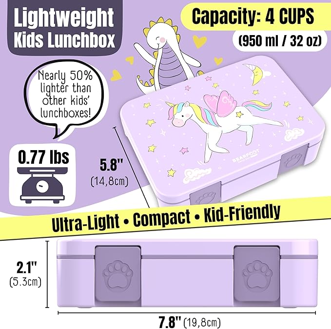 BEARFOOT Kids Lunch Box with Compartments – Compact & Lightweight | Leak-Proof, BPA-Free, Dishwasher & Microwave Safe | Hand-Drawn Design for Preschool, School, Travel (Unicorn Purple, 4 Cups)