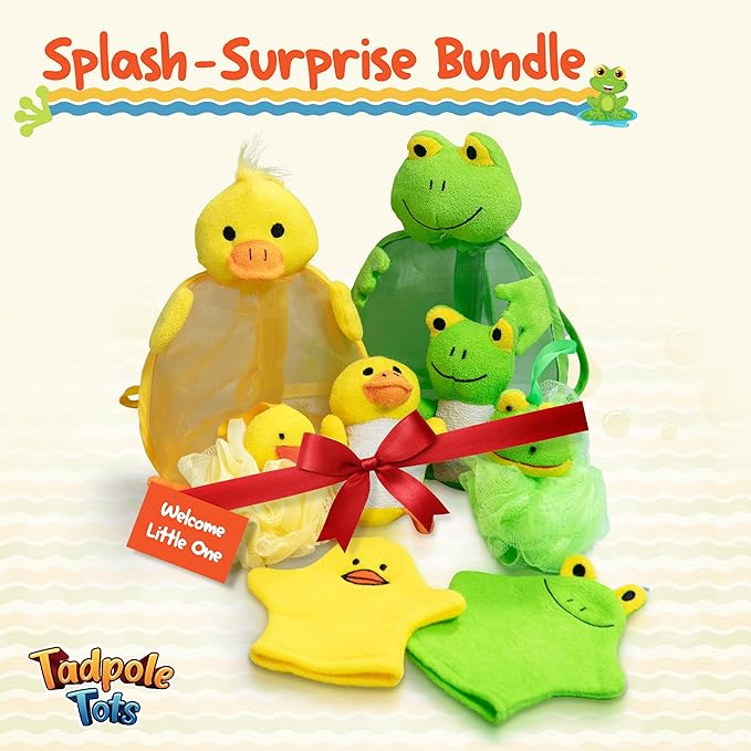 Baby Bath Set – Soft & Durable Frog-Themed Loofah Scrubber Kit – Cute Cartoon Bathing Accessories for Kids – Gentle Exfoliating Wash Mitt & Body Scrubber – Easy to Use