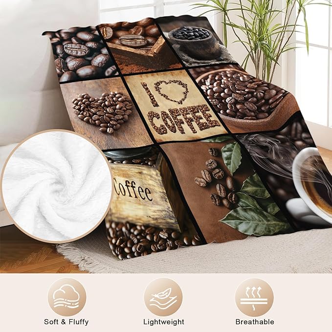 Coffee Blanket for Women, Coffee Lover Fleece Blanket Gifts for Mens, Warm Cozy Soft Flannel Stuff for Bed Sofa Couch 80" x 60"