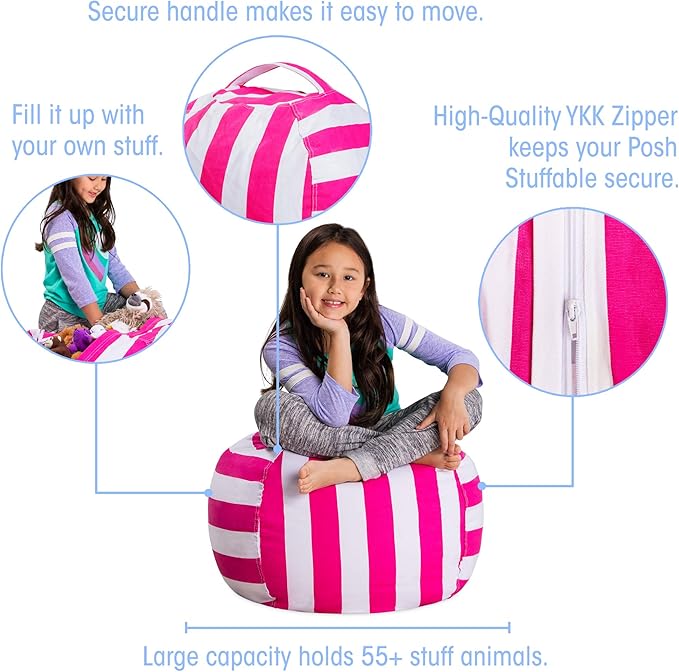 Posh Stuffable Kids Stuffed Animal Storage Bean Bag Chair Cover - Childrens Toy Organizer, Medium 27" - Canvas Stripes Pink and White