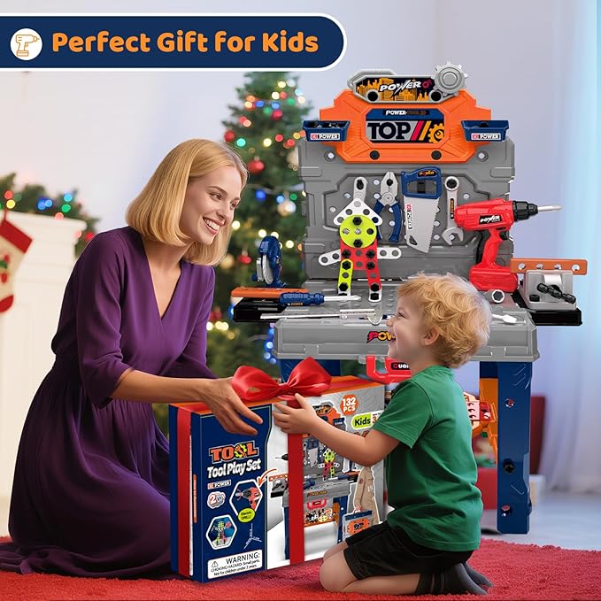 Kids Tool Bench with Realistic Electric Drill, 132 PCS Toddler Tool Set, Birthday Toys for Kids Ages 3 4 5 6 7 8, Toddlers Tool Box & Workbench, Kid Tools Set for Boys Girls 3-5 6-8