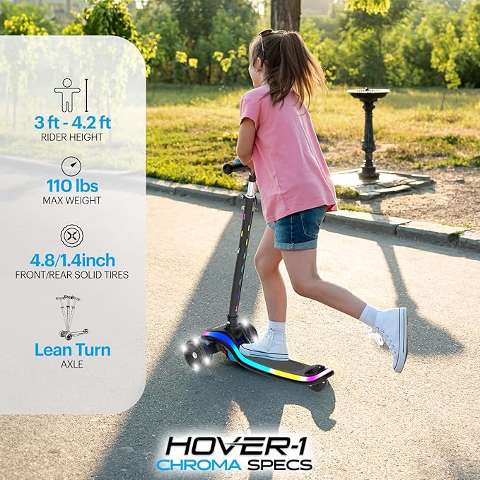 Hover-1 Chroma Folding Kick Scooter for Kids with Multicolor Wheel Lights, 3” Front Wheels, Rear Foot Brake, and 110 LB Weight Capacity