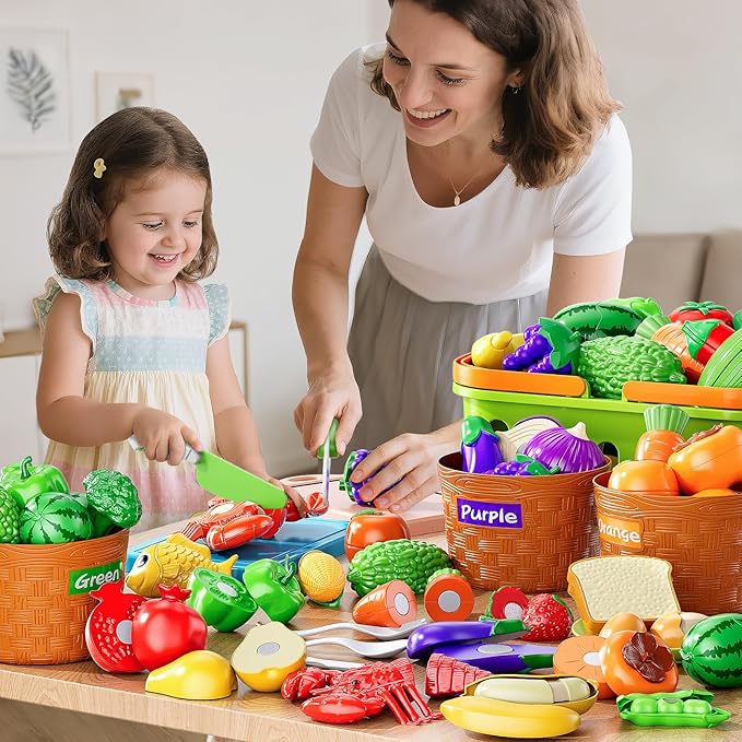 Play Food Set for Kids, Toddler Learning Toys, Cutting Food Toy Color Sorting Set, Pretend Food Play Kitchen Accessories for Kids, Birthday Gifts for 3-8 Years old Boys Girls Educational Toys