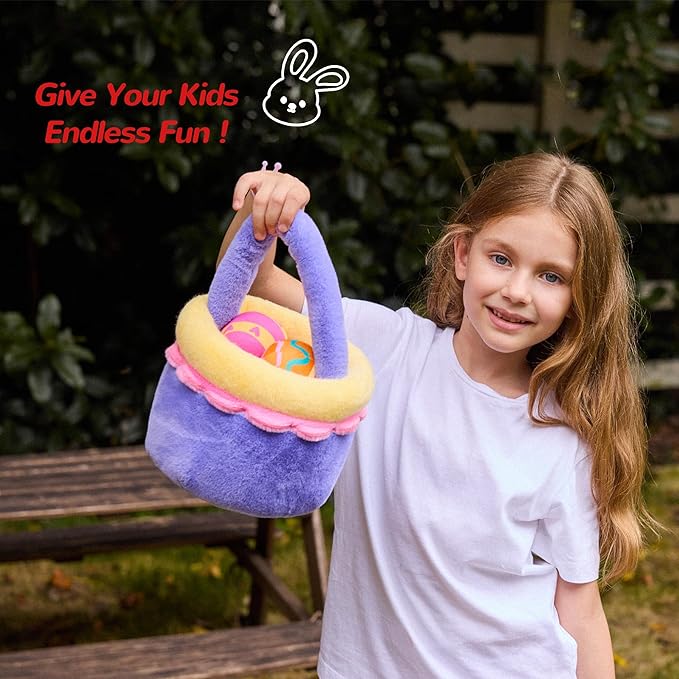 8 Piece Plush Stuffed Playset Toys with 7 Eggs, 1 Furry Bag, Soft Basket Set Sensory Toys for Girls Kids Ages 3+, Birthday Christmas Valentines Easter Party Favors Gifts