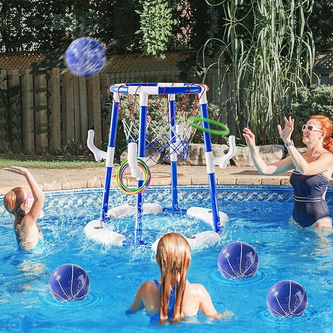 Pool Basketball Hoop Toys for Kids Ages 4-8 8-12 & Adult, Summer Outdoor Swimming Pool Games Water Play Toys Family Party for Kids, 2 in1 Pool Basketball Hoop & Ring Game with 4 Balls 12 Rings & Pump