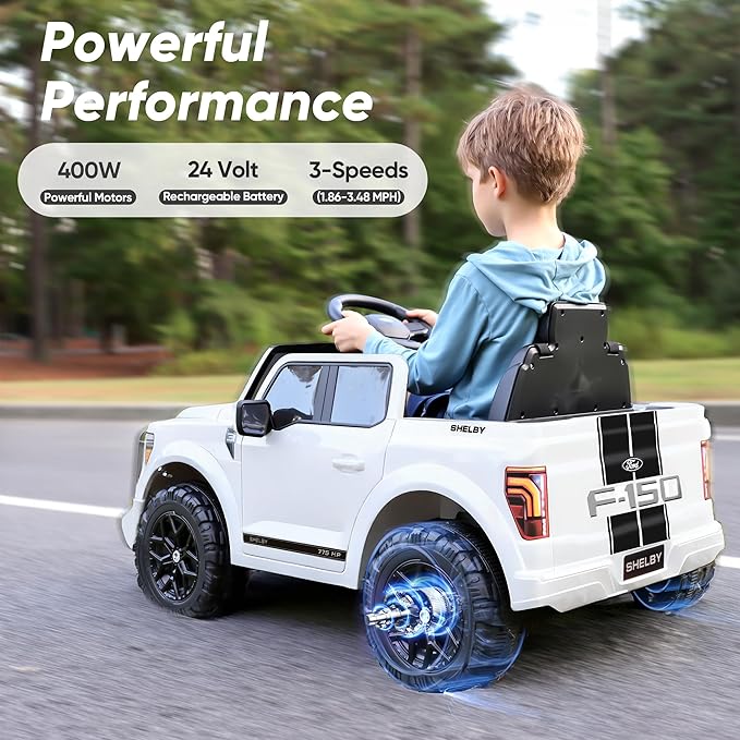 Licensed Ford Shelby F-150 24V Ride on Toy for Kids, Electric Car w/Remote Control, 400W Motors - White