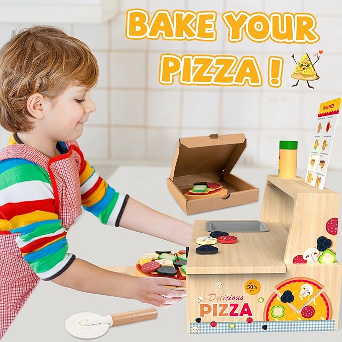 Wooden Pizza Toy - 48 PCS Montessori Pretend Play Food for Ages 3+, Educational Learning Toy Wooden Playset with Bake Oven, Christmas Birthday Gift for 3 4 5 6 Year Old