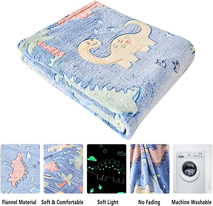 Wajade Dino Gifts Toys for Boys Girls - Glow in The Dark Dinosaur Blanket Birthday Christmas Decor for Kids Age 3 4 5 6 7 8 9 10 11 12 Years Old Teens Child Toddler Throw Colorful 60"x80"