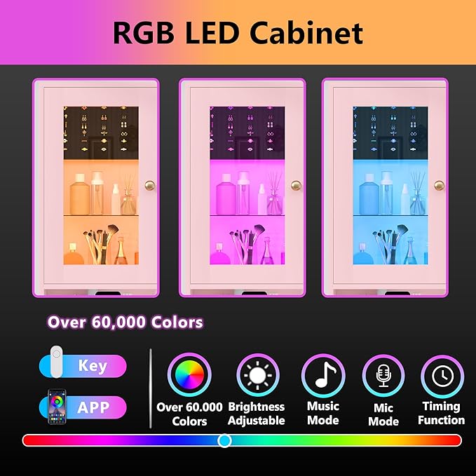 Makeup Vanity Desk with Mirror and Lights, Pink Vanity with Glass Top, Jewelry Storage, Power Outlets, 3 Drawers & 2 Cabinets, Adjustable LED Lighting, Dressing Table for Women & Girls Bedroom