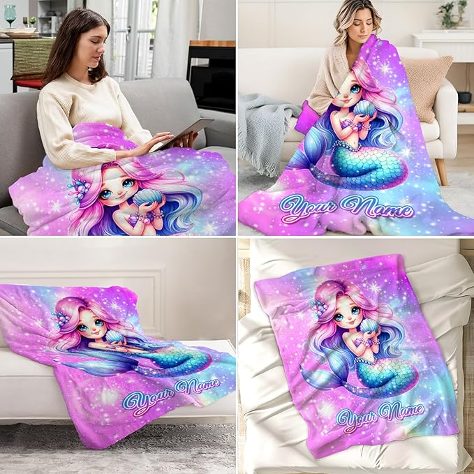 Personalized Mermaid Throw Blanket - Animals Pattern Blankets Gifts for Kids Teens - Cute Throw Decor Stuff for Sofa, Couch