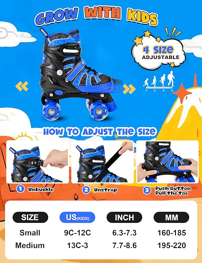 NEMONE Roller Skates for Boys Kids Ages 4-6 5-8 6-12 8-12 with 4 Sizes Adjustable Light up Wheels, Todder Beginner Rollerskates Indoor Outdoor Sports