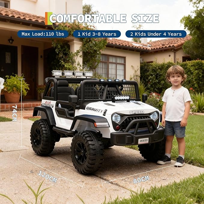 24V Ride on Car for Kids, 2 Seater Electric Truck with Parent Remote Control, Spring Suspension, 2 Speeds, LED Headlight & Music Player, Kids Electric Vehicle for Aged 3-8 Years, White