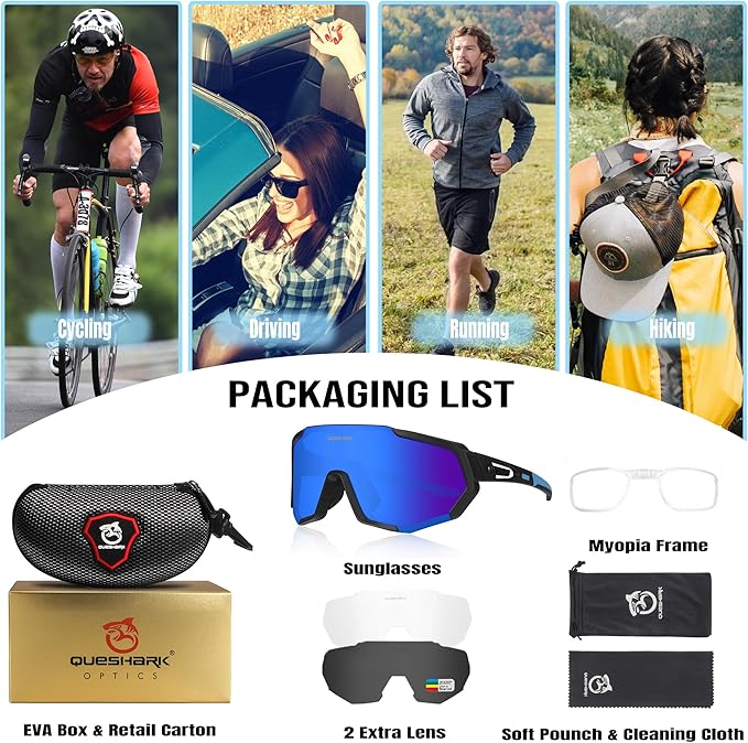Queshark Cycling Glasses, Sports Sunglasses for Men Women, 1 Polarized 2 HD Lens, Polarized Sunglasses for Cycling Running