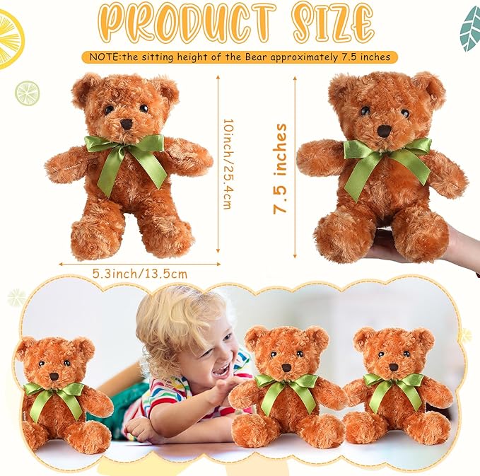 Hungdao 24 Pcs Bear Bulk Plush Stuffed Animals 10 Inch Cute Soft Stuffed Bear with Green Bow for Baby Shower Birthday Party Gift (Light Brown)